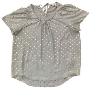 LC Lauren Conrad Pale Blue and Silver Dotted Pleat Neck Flutter Sleeve Blouse